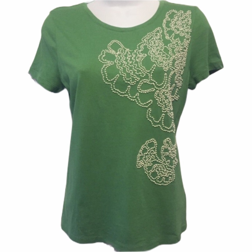 Talbots Green Tee w/ White Beaded Floral Design